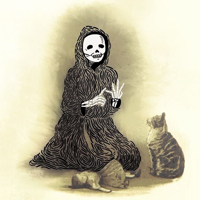An digital illustration of skeleton talking to a cat over an old postcard
