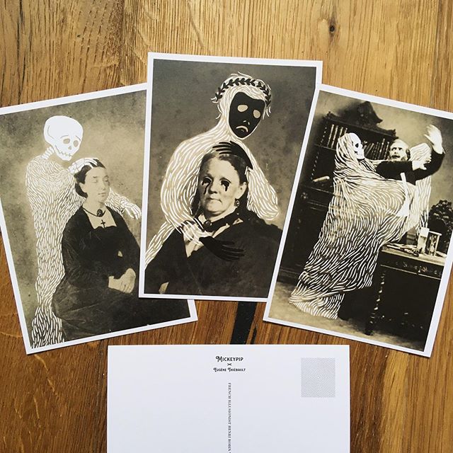 A set of three postcards with ghosts drawn over Victorian spirit photos