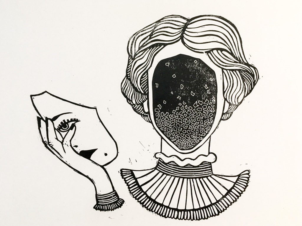 Linoprint of a woman removing her face, behind which are fractal geometries