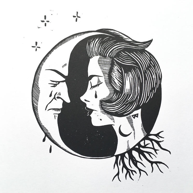 Linoprint of a woman acing a crescent moon. \Both are crying.