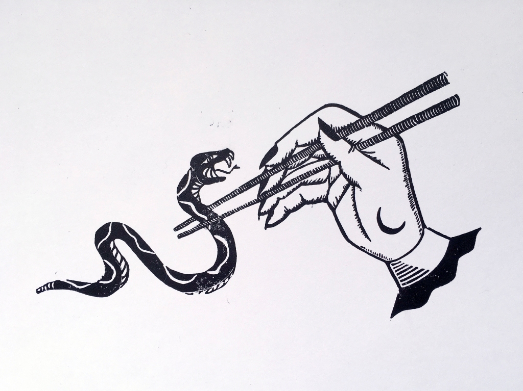Linprint of a hand holding chopsticks grasping a small serpent