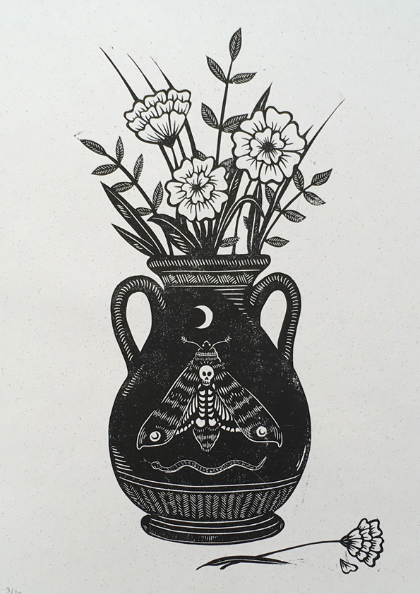 Linoprint of a greek-style vase holding flowers, a death's head oth adorns the vase
