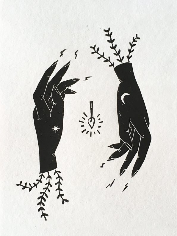 Lino print of inverted hands cradling a matchstick flame