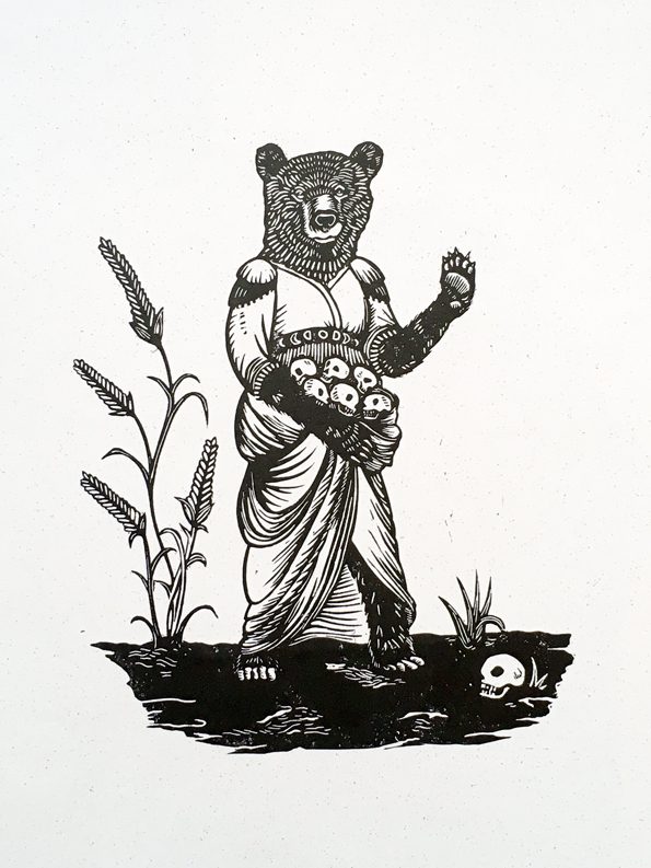 Linoprint of a bear in ceremonail garb, in her skirts she clutches a gathering of skulls