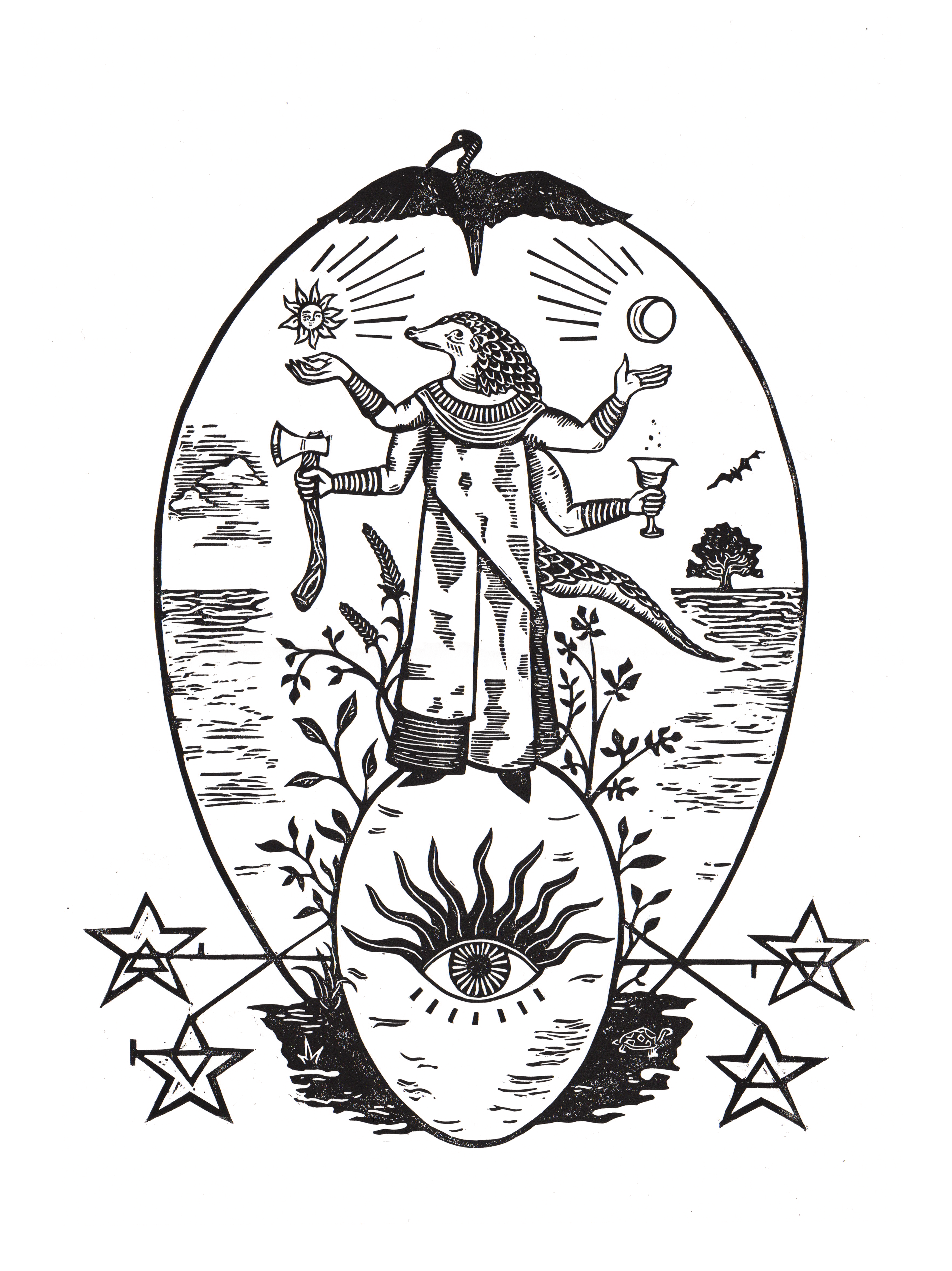 Lino print illustration showing a pangolin in ceremonial garb standing atop a giant egg with an all-seeing eye