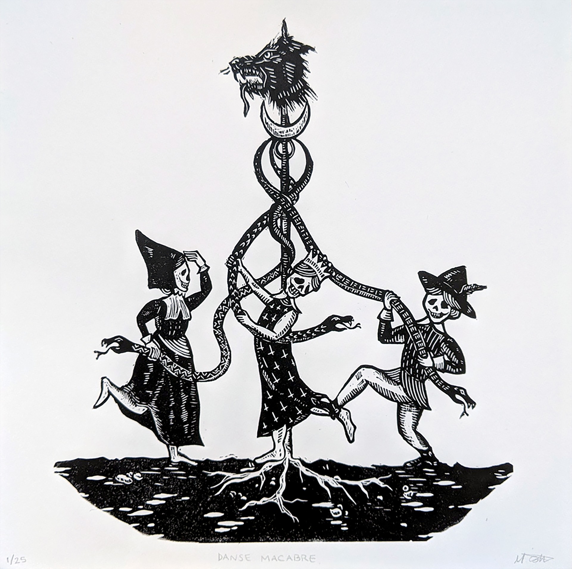 Linoprint of three skeleton figures dancing around a maypole where the ribbons are snakes